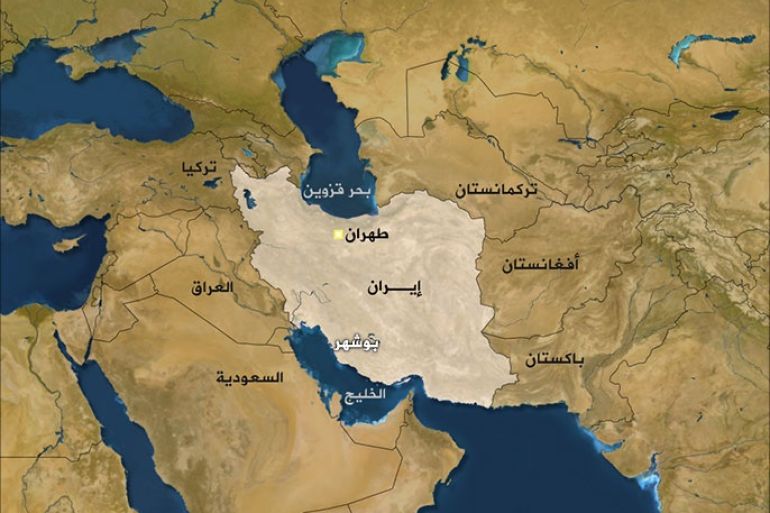 خارطة إيران موضح عليها منطقة بوشهر الجزيرة