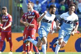 SS Lazio's Antonio Candreva (C) celebrates after scoring the 3-0 goal during the Italian Serie A soccer match between SS Lazio and Empoli at the Olimpico stadium in Rome, Italy, 12 April 2015.