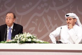 DOHA, QATAR - APRIL 12: UN Secretary General Ban Ki-moon (L) and Qatar's Prime Minister Abdullah bin Nasser bin Khalifa Al Thani (R) hold a press conference after the opening day of 13th United Nations Congress on Crime Prevention and Criminal Justice in Doha, Qatar on April 12, 2015.