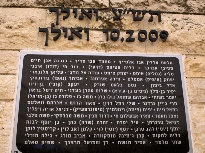 A memorial stone in Hebrew shows the name of Mohammed Abu Khdeir (3rd name from R to L), a Palestinian teenager from East Jerusalem who was kidnapped and murdered by Israeli extremist last summer, among names of victims of Acts of Terror at Mount Herzl, in Jerusalem on April 21, 2015. Abu Khdeir name was also added to the list of terror victims in the Israeli government-run website. The Defense Ministry recognized Abu Khdeir as a victim of 'hostile action' in the last July, some two weeks after he was murdered. AFP PHOTO/ MENAHEM KAHANA