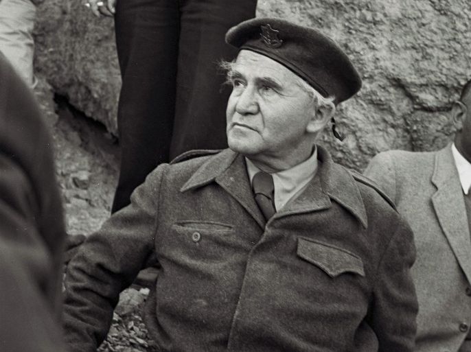 NEGEV, ISRAEL - DECEMBER 2, 1949: David Ben Gurion, the first Prime Minister of the Jewish State, wears military uniform during a visit on December 2, 1949 to the negev desert in southern Israel.