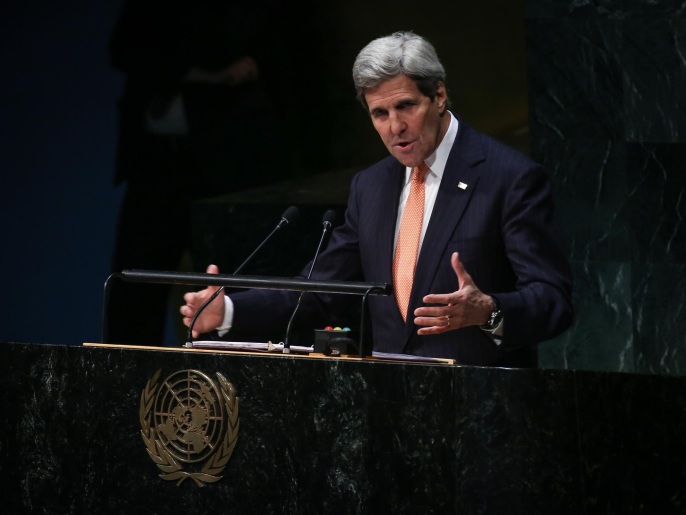 ‪كيري أمام المؤتمر الأممي: العالم سيكون أكثر أمانا بعد اتفاق إيران النووي‬ (غيتي)