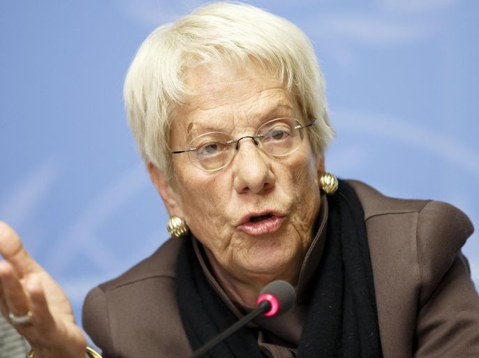 Switzerland's Carla del Ponte, member of the Commission of Inquiry on Syria, informs to the media during press conference, after the presentation of last report of the Commission of Inquiry on the Syrian Arab Republic at the Human Rights Session, at the European headquarters of the United Nations in Geneva, Switzerland, Tuesday, March 17, 2015. (AP Photo/Keystone,Salvatore Di Nolfi)
