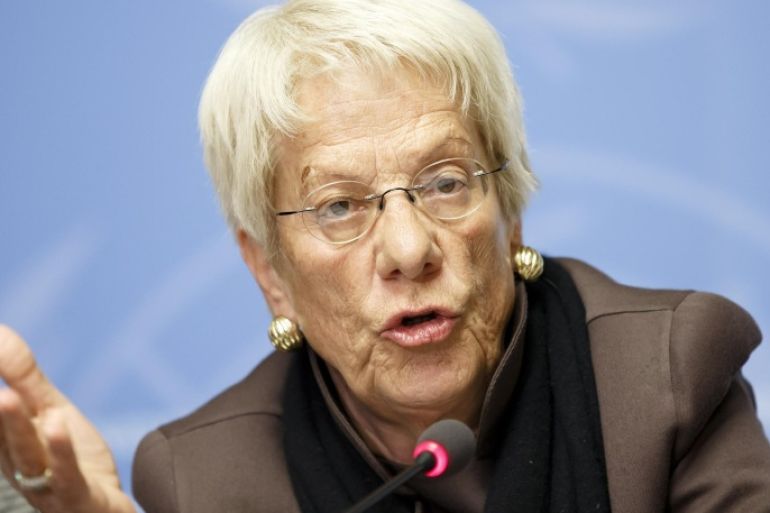 Switzerland's Carla del Ponte, member of the Commission of Inquiry on Syria, informs to the media during press conference, after the presentation of last report of the Commission of Inquiry on the Syrian Arab Republic at the Human Rights Session, at the European headquarters of the United Nations in Geneva, Switzerland, Tuesday, March 17, 2015. (AP Photo/Keystone,Salvatore Di Nolfi)