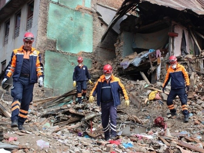 KATMANDU, NEPAL - APRIL 27: Turkish Prime Ministry Disaster and Emergency Management Presidency (AFAD) members attend a rescue operation among the debris of a house after a powerful earthquake hits Katmandu, Nepal on April 27, 2015. The death toll in Nepal following the devastating 7.8-magnitude earthquake which struck on April 25, 2015 ago has climbed to 3,585 as rescuers continue to unearth victims.