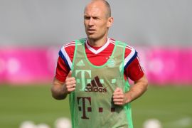 MUNICH, GERMANY - APRIL 27: (EXCLUSIVE COVERAGE) Arjen Robben of Bayern Muenchen during a training session at Bayern Muenchen's trainings ground Saebener Strasse on April 27, 2015 in Munich, Germany.