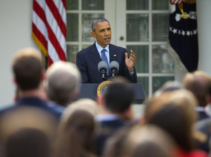 President Barack Obama speaks to members of Congress and other guests in the Rose Garden of the White House in Washington, Tuesday, April 21, 2015. Obama thanked those who supported H.R. 2, the Medicare Access and CHIP Reauthorization Act of 2015 to improve the affordability and quality of health care for the youngest and oldest in the nation. (AP Photo/Pablo Martinez Monsivais)