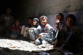 Yemeni children forced to flee their homes due allegedly to ongoing air-strikes carried out by the Saudi-led coalition take shelter in an underground water tunnel in Sanaa, Yemen, 29 April 2015. Almost 300,000 people have been forced to flee their homes in several cities of Yemen, as Saudi-led military operations on Houthi positions continue across the country.
