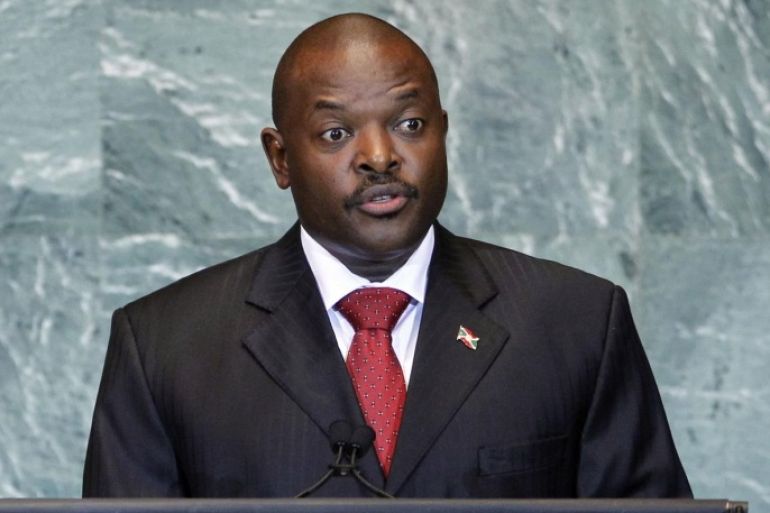 FILE - In this Friday, Sept. 23, 2011 file photo, Burundi's President Pierre Nkurunziza addresses the 66th session of the United Nations General Assembly at U.N. headquarters in New York. More than 10,000 people from the East African nation of Burundi have crossed into neighboring Rwanda amid threats of violence ahead of elections in 2015, with many arriving saying they have been intimidated by thugs who support President Pierre Nkurunziza who may seek a third term. (AP Photo/Jason DeCrow, File)