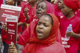 A picture made available on 15 April 2015 shows Nigerian children protesting outside the Nigerian Ministry of Education in Abuja during the one year anniversary of the kidnapping of hundreds of Nigerian school girls in Chibok, Abuja, Nigeria, 14 April 2015. Islamic militant group Boko Haram who have been waging a war of terror in Nigeria for more than five years kidnapped more than 220 girls last year with many of them still remaining missing.