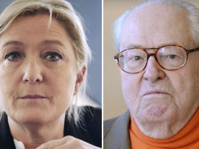 A combination made on April 10, 2015 shows files pictures of French far right Front National (FN) party' president Marine Le Pen (L) taken on March 14, 2015 in Angoume, and Front National's honorary president Jean-Marie Le Pen (R) taken on February 22, 2013 in Marseille. AFP PHOTO / GAIZKA IROZ / GERARD JULIEN