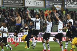 PARMA, ITALY - APRIL 11: The players of the Parma FC celebrate a victory at the end of the Serie A match between Parma FC and Juventus FC at Stadio Ennio Tardini on April 11, 2015 in Parma, Italy.