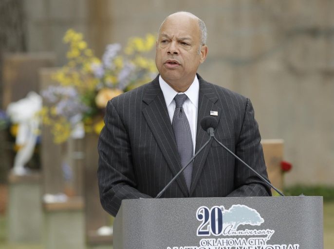 Department of Homeland Security Secretary Jeh Johnson speaks during a remembrance ceremony, Sunday, April 19, 2015, at the Oklahoma City National Memorial & Museum in Oklahoma City. People gathered at the former site of the Oklahoma City federal building to commemorate the 20th anniversary of the terrorist bombing there that killed 168 people and injured many others. (Doug Hoke/The Oklahoman via AP, Pool)
