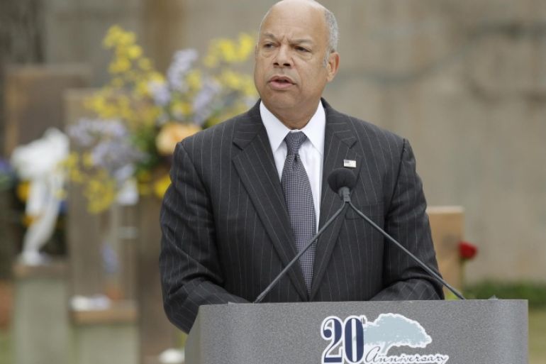 Department of Homeland Security Secretary Jeh Johnson speaks during a remembrance ceremony, Sunday, April 19, 2015, at the Oklahoma City National Memorial &amp; Museum in Oklahoma City. People gathered at the former site of the Oklahoma City federal building to commemorate the 20th anniversary of the terrorist bombing there that killed 168 people and injured many others. (Doug Hoke/The Oklahoman via AP, Pool)