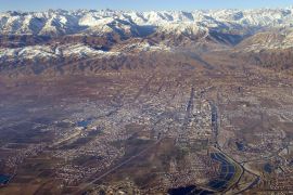 Aerial view of the capital of Tajikistan Dushanbe taken 28 January 2002 from a C-130 Hercule, during a mission accomplished by the French Air Force.