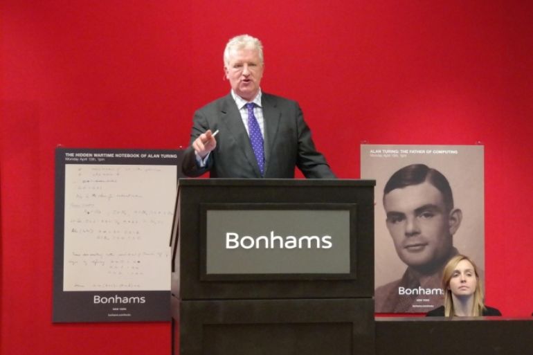 NEW YORK, UNITED STATES - APRIL 13: Bonhams co-chief executive officer Patrick Meade is seen during auction of an original 1944 Enigma Machine in New York, on April 13, 2015. The German Enigma Machine, which features a handwritten manuscript belonging to British mathematician and code breaker Alan Turing, who played an important role in breaking the German Enigma Code during world war II., sold for USD 269,000.