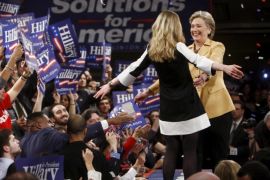 U.S. Democratic presidential candidate Senator Hillary Clinton (D-NY) hugs her daughter Chelsea (L) amongst supporters at her "Super Tuesday" primary election night rally in New York, in this February 5, 2008 file photo. Hillary Clinton announced her second run for the presidency on April 12, 2015, starting her campaign as the Democrats' best hope of fending off a crowded field of lesser-known Republican rivals and retaining the White House. REUTERS/Jim Young/Files FROM THE FILES PACKAGE 'Hillary Clinton Announces Presidential Bid' SEARCH 'Hillary Clinton Announces Presidential Bid' FOR ALL 20 IMAGES