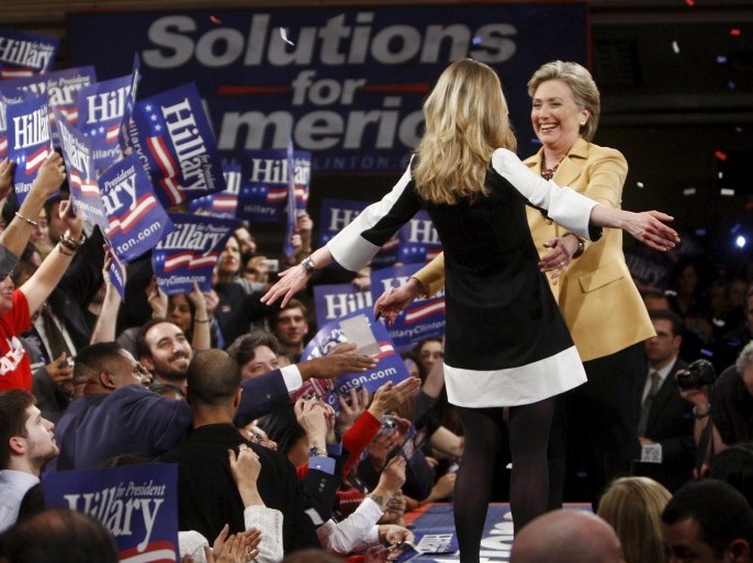 U.S. Democratic presidential candidate Senator Hillary Clinton (D-NY) hugs her daughter Chelsea (L) amongst supporters at her "Super Tuesday" primary election night rally in New York, in this February 5, 2008 file photo. Hillary Clinton announced her second run for the presidency on April 12, 2015, starting her campaign as the Democrats' best hope of fending off a crowded field of lesser-known Republican rivals and retaining the White House. REUTERS/Jim Young/Files FROM THE FILES PACKAGE 'Hillary Clinton Announces Presidential Bid' SEARCH 'Hillary Clinton Announces Presidential Bid' FOR ALL 20 IMAGES
