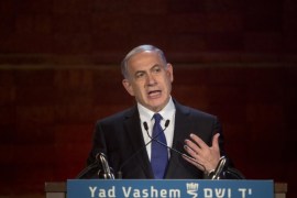 Israeli Prime Minister Benjamin Netanyahu speaks at the opening ceremony of the Holocaust Remembrance Day at the Yad Vashem Holocaust Memorial in Jerusalem, Wednesday, April 15, 2015. (AP Photo/Sebastian Scheiner)