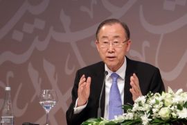 DOHA, QATAR - APRIL 12: UN Secretary General Ban Ki-moon holds a press conference with Qatar's Prime Minister Abdullah bin Nasser bin Khalifa Al Thani (not seen) after the opening day of 13th United Nations Congress on Crime Prevention and Criminal Justice in Doha, Qatar on April 12, 2015.