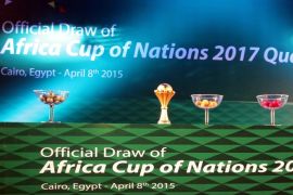 African Cup of Nations trophy is displayed during an event to announce the nation hosting the 2017 tournament and qualifiers draw, in Cairo, Egypt, 08 April 2015. Gabon was elected ahead of Algeria to stage the 31st edition of the tournament in a vote by CAF's executive committee in Cairo.
