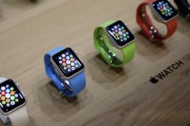 FILE - In this March 9, 2015, file photo, varieties of the new Apple Watch appear on display in the demo room after an Apple event in San Francisco. The first batch of Apple Watches will arrive in people’s homes and offices Friday April 24, 2015. (AP Photo/Eric Risberg, File)
