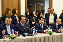 Former President of the Libuyan Military Council, Abdelhakim Belhadi (L), takes part in talks with representatives of Libyan political factions and activists as part of an effort to resolve the conflict in Libya, in Algiers, Algeria, 13 April 2015. USA and five European countries called 12 April for an immediate and unconditional ceasefire in Libya, welcoming the resumption 13 April, in Algeria, of dialogue between the different factions under a UN aegis, urging all participants to work towards a unity government and unilateral ceasefire.