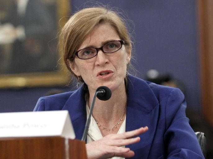 US Ambassador to the United Nations Samantha Power testifies testifies on Capitol Hill in Washington, Wednesday, April 15, 2015, before the House State, Foreign Operations and Related Programs subcommittee. (AP Photo/Lauren Victoria Burke)