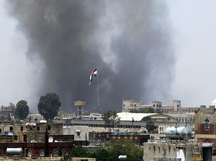 Smoke rises above the military academy following an airstrike carried out by the Saudi-led alliance, in Sanaa, Yemen, 11 April 2015. According to reports, the Saudi-led alliances airstrikes which began 25 March, have continued to target various Houthi military positions in the impoverished Arab state, but have so far done little to halt the Houthi military advances as they continue to make gains.