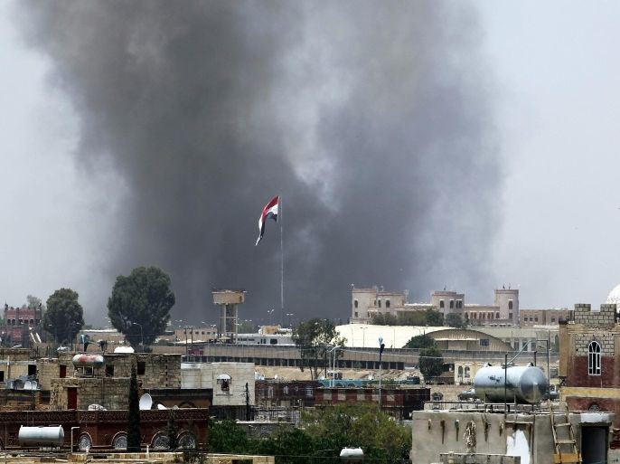 Smoke rises above the military academy following an airstrike carried out by the Saudi-led alliance, in Sanaa, Yemen, 11 April 2015. According to reports, the Saudi-led alliances airstrikes which began 25 March, have continued to target various Houthi military positions in the impoverished Arab state, but have so far done little to halt the Houthi military advances as they continue to make gains.