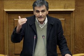 (FILE) A file photo dated 10 February 2015 shows Alternate Minister for International Economic Relations Euclid Tsakalotos speaking during a parliament session in Athens, Greece. The Greek government 27 April 2015 revamped its bailout negotiating teams - the people who deal with the country's international lenders - in the hopes of jump-starting stalled talks. Prime Minister Alexis Tsipras appeared to sideline his increasingly unpopular finance minister, Yanis Varoufakis, in favour of a new 'political negotiation team,' giving more responsibility to Euclid Tsakalotos, the government's chief economics spokesman.
