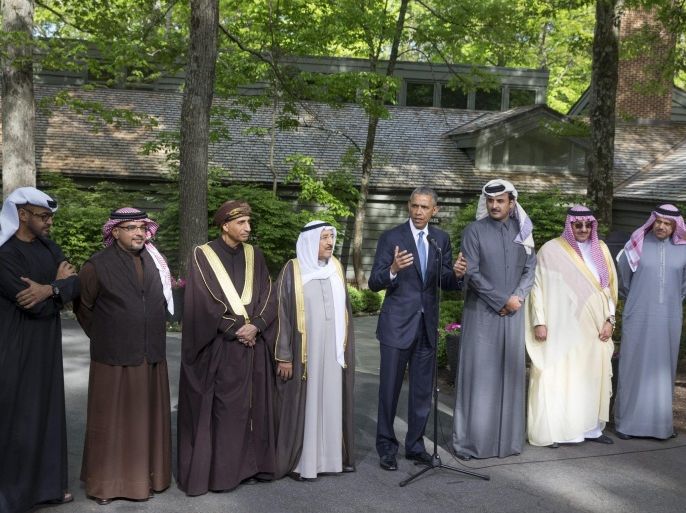 US President Barack Obama (C) delivers remarks beside leaders of the Gulf Cooperation Council, at Camp David, Maryland, USA, 14 May 2015. Obama met with leaders from six Gulf nations; Bahrain, Kuwait, Oman, Qatar, Saudi Arabia and the United Arab Emirates to discuss security cooperation in the face of regional conflicts. Also in the picture (L to R); Crown Prince of Abu Dhabi Sheikh Mohamed bin Zayed Al Nahyan; Prince Salman bin Hamad Al-Khalifa, Crown Prince of The Kingdom of Bahrain; Deputy Prime Minister for the Council of Ministers' Affairs of the Sultanate of Oman Sayyid Fahad bin Mahmood Al Said; Sheikh Sabah Al-Ahmed Al-Jaber Al-Sabah, Amir of the State of Kuwait; Sheikh Tameem bin Hamad Al Thani, Amir of the State of Qatar; Deputy Prime Minister and Minister of the Interior of the Kingdom of Saudi Arabia, Crown Prince Mohammed bin Nayef bin Abdulaziz Al Saud; and Secretary General of the Gulf Cooperation Council Abdul Latif bin Rashid Al Zayani.