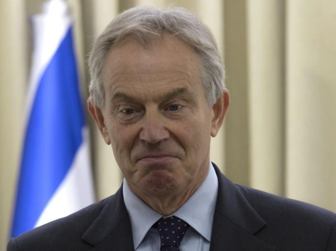 (FILE) A file picture dated 02 December 2014 shows Tony Blair, Special Envoy to the Middle East for the Quartet and former British Prime Minister, as he speaks with an aid before meeting Israeli President Reuven Rivlin for the first time in the president's Jerusalem residence. According to media reports on 27 May 2015, Blair has submitted his resignation as Mideast Envoy, the post he has held since 2007. EPA/JIM HOLLANDER *** Local Caption *** 51686354