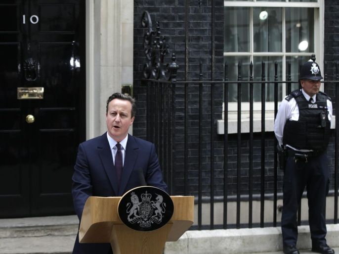 Britain's Prime Minister David Cameron speaks to the media in 10 Downing Street in London Friday, May 8, 2015. Cameron's Conservative Party swept to power Friday in Britain's Parliamentary elections winning an unexpected majority. (AP Photo/Alastair Grant )