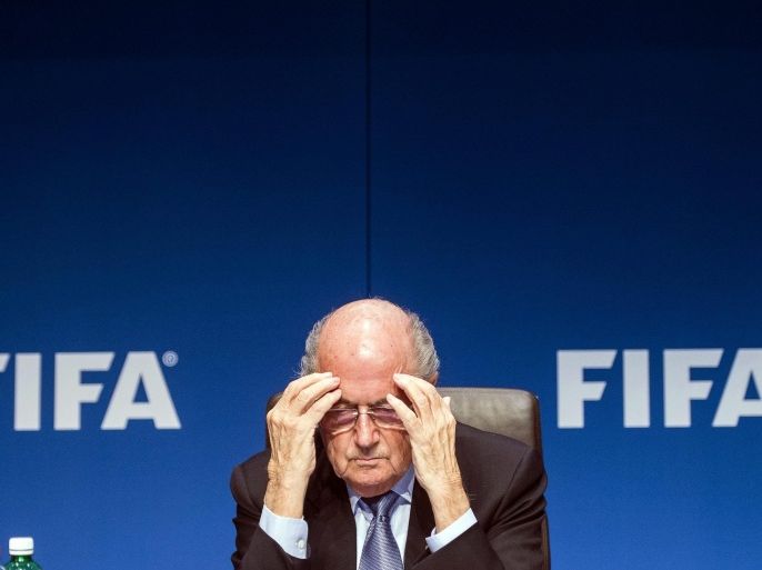 FIFA President Joseph Blatter reacts during a press conference following the FIFA Executive Committee meeting in Zurich, Switzerland, 20 March 2015. Among many topics, the Committee discussed the 2022 FIFA World Cup in Qatar.