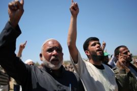 Palestinians shout slogans during a rally marking the 67th anniversary of the 'Nakba' on May 15, 2015 near the border with Israel, east of Khan Younis in the southern Gaza Strip. 'Nakba' means in Arabic 'catastrophe' in reference to the birth of the state of Israel 67-years-ago in British-mandate Palestine, which led to the displacement of hundreds of thousands of Palestinians who either fled or were driven out of their homes during the 1948 war over Israel's creation. AFP PHOTO / SAID KHATIB