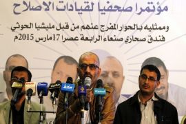 Leading members of the opposition Islamist party al-Islah, Anwar al-Himyari (R) and Habib al-Areqi (2-R) hold a news conference after being released by Houthi militia in Sana'a, Yemen, 17 March 2015. According to reports, Houthi militia released three leading members of al-Islah (Reform) Party, two weeks after they were abducted in the Houthi-controlled capital of Sana'a. Yemen is in a state of chaos since September 2014 when the Houthis took over Sana'a.