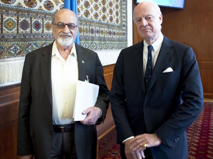 GENEVA, SWITZERLAND - MAY 14: United Nations (UN) Special Envoy for Syria, Staffan de Mistura (R) meets National Coalition for Syrian Revolutionary and Opposition Forces Law Committee president Heysem el-Malih (L) as part of Syria talks at the UN Geneva office in Geneva, Switzerland on May 14, 2015.