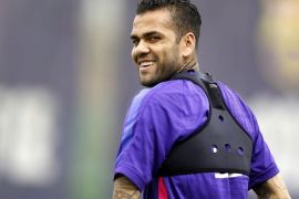 FC Barcelona's Brazilian defender Dani Alves during a training session at Joan Gamper Sports City in Barcelona, Spain, 01 May 2015. FC Barcelona will face Cordoba FC in a Spanish Primera Division match on 02 May.