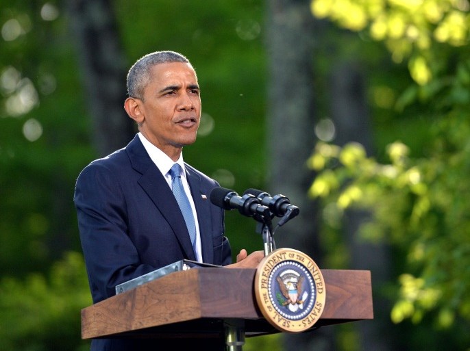 CAMP DAVID, MD - MAY 14: U.S. President Barack Obama speaks to reporters following the Gulf Cooperation Council-U.S. summit on May 14, 2015 at Camp David, Maryland. Obama hosted leaders from Saudi Arabia, Kuwait, Bahrain, Qatar, the United Arab Amirates and Oman to discuss a range of issues including the Iran nuclear deal.