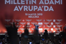 HASSELT, BELGIUM - MAY 10: Turkeys President Recep Tayyip Erdogan gives a speech during an event organized by Turkish youth organizations at Ethias Arena in Hasselt, Belgium on May 10, 2015.