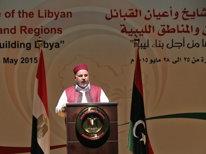 One of the Tribal representatives repsonsible for organising talks, Adel al-Faydi, delivers a speech during a gathering of some 300 representatives from Libyan triibes, Cairo, Egypt, 25 May 2015. According to reports the 300 some representatives are meeting in Cairo for a three day Egyptian led initiative aimed at bringing stability to war torn Libya, however, the Supreme Council of Tribes and Cities of Libya refused to attend in a move supported by Tuareg tribal leaders who stated that any peace intiative should be held within Libya and without foreign interference