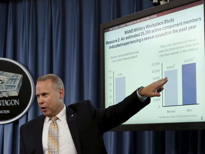 Nathan Galbreath, senior executive advisor for the Department of Defense Sexual Assault Prevention and Response Office, speaks at a news conference at the Pentagon in Washington to release the Annual Report on Sexual Assault in the Military, May 1, 2015. REUTERS/Yuri Gripas