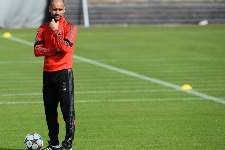 FC Bayern Munich's Spanish head coach Pep Guardiola leads his team's training session in Munich, Germany, 11 May 2015. FC Bayern Munich will face FC Barcelona in the UEFA Champions League semi final second leg soccer match on 12 May 2015.