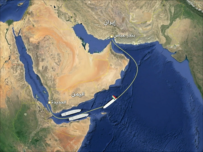 ‪مسار السفينة الإيرانية المتجهة‬ (الجزيرة)