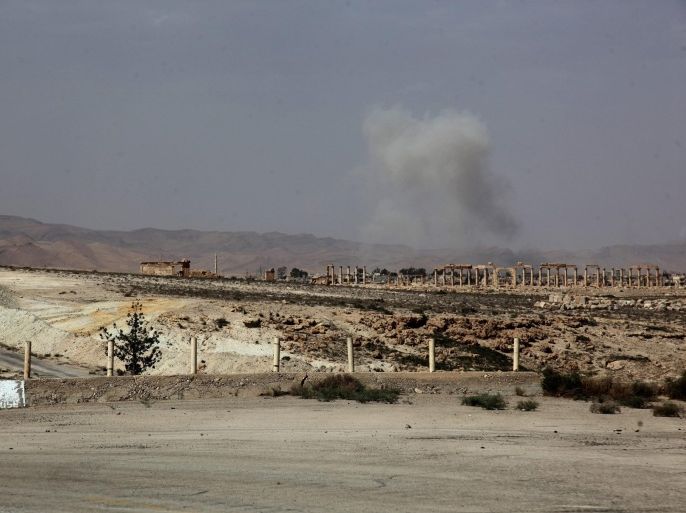 Smoke rises after a Syrian Rocket launcher shell on enemy positions in the ancient oasis city of Palmyra, about 215 kilometers northeast of Damascus, Syria, 19 May 2015. According to media report, Syrian troops pushed the terrorist group of Islamic State (IS) back from the ancient city of Palmyra, and controlled the world heritage site, after the fighting that has left hundreds dead.