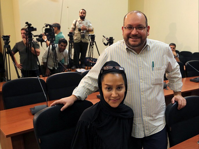 epa04714073 (FILE) A file picture dated 10 September 2013 shows Washington Post Iranian-American journalist Jason Rezaian (C-R) and his Iranian wife Yeganeh Salehi (C-L), during a foreign ministry spokeswoman weekly press conference in Tehran, Iran. Iran has charged a US journalist with espionage, media reported on 21 April 2015. Jason Rezaian, the Tehran bureau chief for the Washington Post, has been held by the Iranians for nearly nine months. He holds dual citizenship with the US and Iran. Beyond espionage, Rezaian faces an additional three charges, including 'collaborating with hostile governments' and 'propaganda against the establishment,' media reported, citing Rezaian's lawyer, Leila Ahsan. The US State Department, while noting it had yet to receive official confirmation of the charges from Iran, called them 'patently absurd.' In March 2015 US President Barack Obama called for the release of Rezaian and two other men detained in Iran. EPA/STRINGER