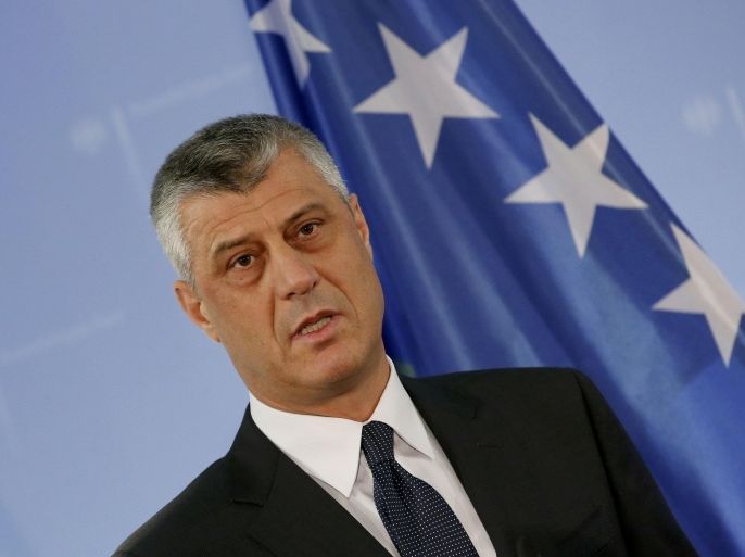 Kosovo's Foreign Minister Hashim Thaci speaks to the media prior to a meeting with German counterpart Frank-Walter Steinmeier in Berlin March 2, 2015. REUTERS/Fabrizio Bensch (GERMANY - Tags: POLITICS HEADSHOT)