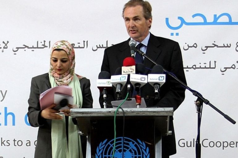 RAFAH, GAZA - MARCH 11: United Nations Relief and Works Agency for Palestine Refugees (UNRWA) Director for Gaza Robert Turner (R) gives a speech during the opening ceremony of the Rafah Health Center in Rafah, Gaza on March 11, 2015.