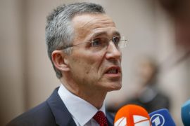 NATO Secretary General Jens Stoltenberg speaks to the press as he arrives at the European Defense Ministers council in Brussels, Belgium, 18 May 2015. The defense ministers are scheduled to meet European foreign ministers in the course of day.